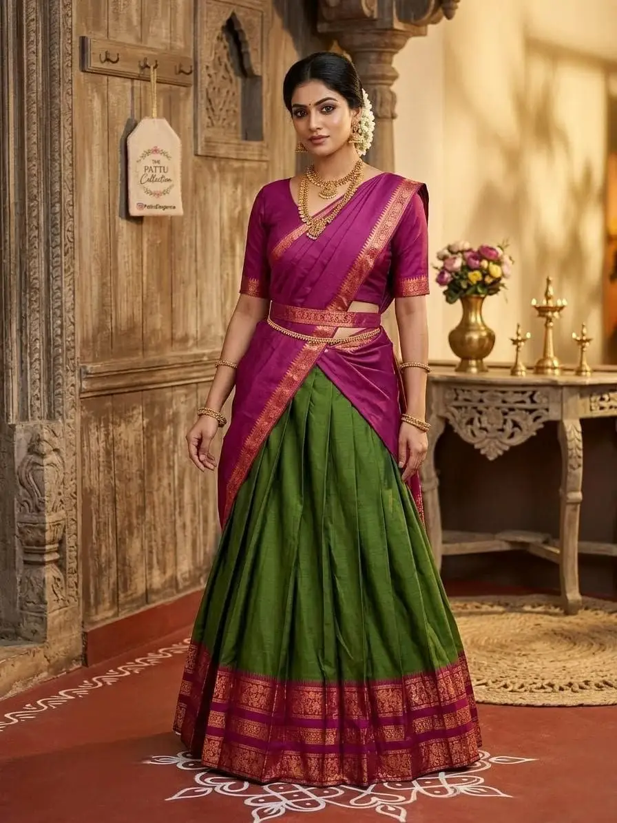 Rani Pink with Green Cotton Silk Lehenga